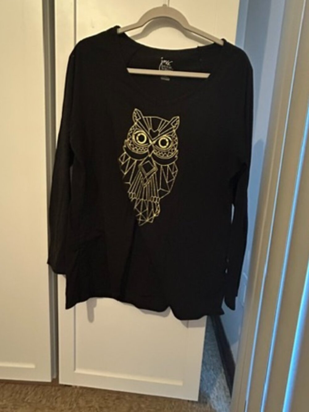 Just My Size Women's Black and Gold Top with Owl Design